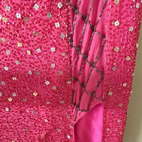 Vintage PANOPLY Pink Sequin One-Shoulder Silk Dress Embellished Sz 6 Y2K Glam - Picture 10 of 15